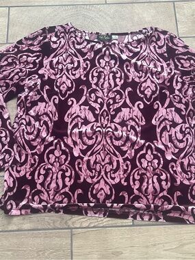 Bob Mackie VTG Wearable Art XL Velvet Damask Print Top Burgundy Long Sleeve